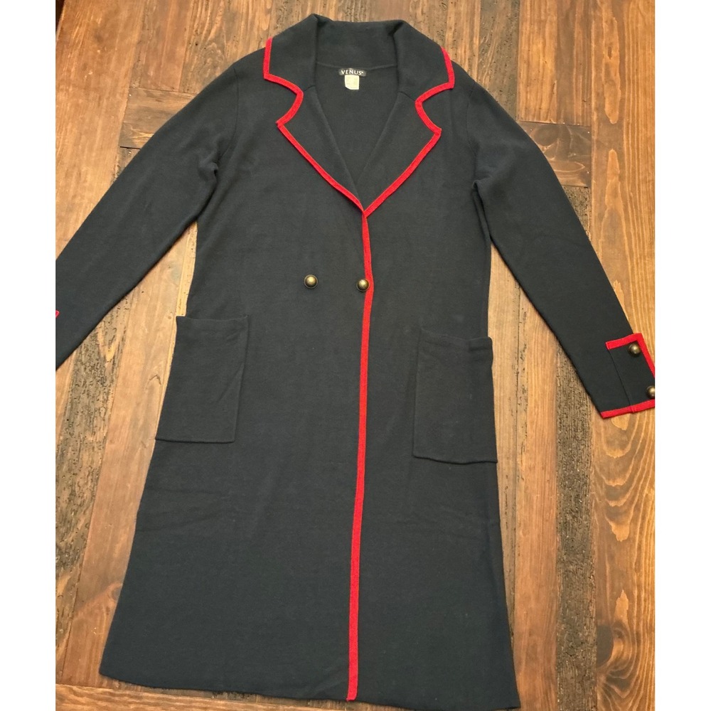 Venus Navy & Red Military Coat Women's Large Long Knit Cardigan Sweater Jacket - Picture 1 of 6